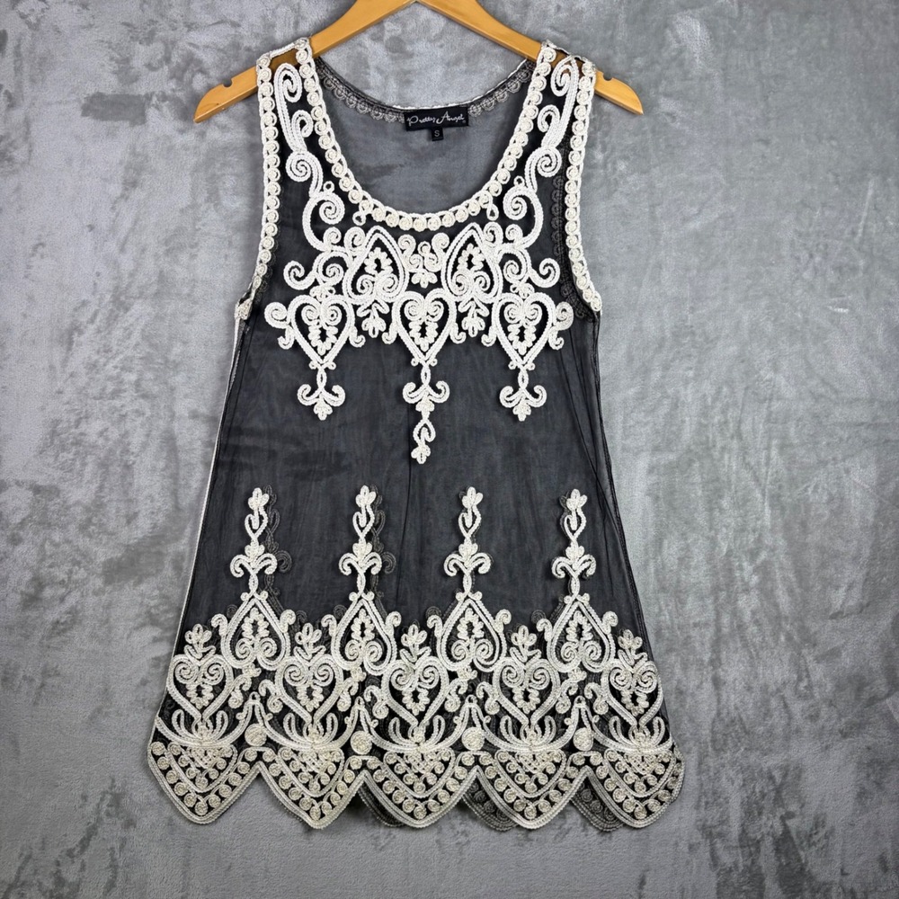 Pretty Angel Mesh Lace Top Tunic Small Silk Embroidery Black Festival Romantic